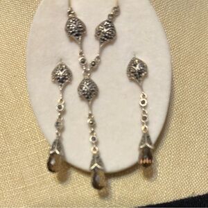 Elegant Sterling Marcasite Smoky Quartz Briolette Necklace+Earrings set 925A*